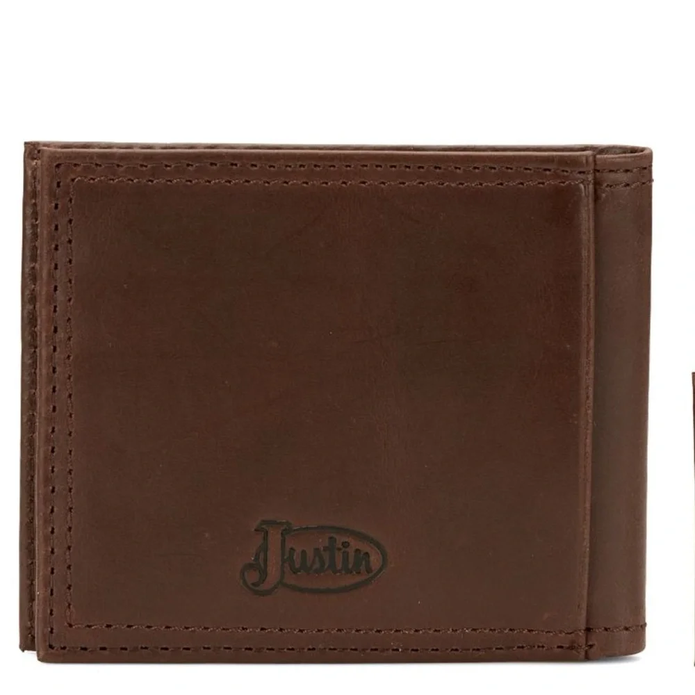 Justin Boots Genuine Leather Slim Bifold Brown Boot Stitch RFID Wallet